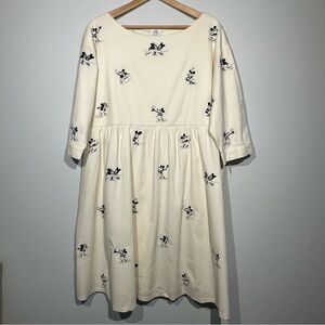 Disney Mickey & Minnie Mouse Vintage-Style Embroidered Cream Dress 3/4 Sleeve L